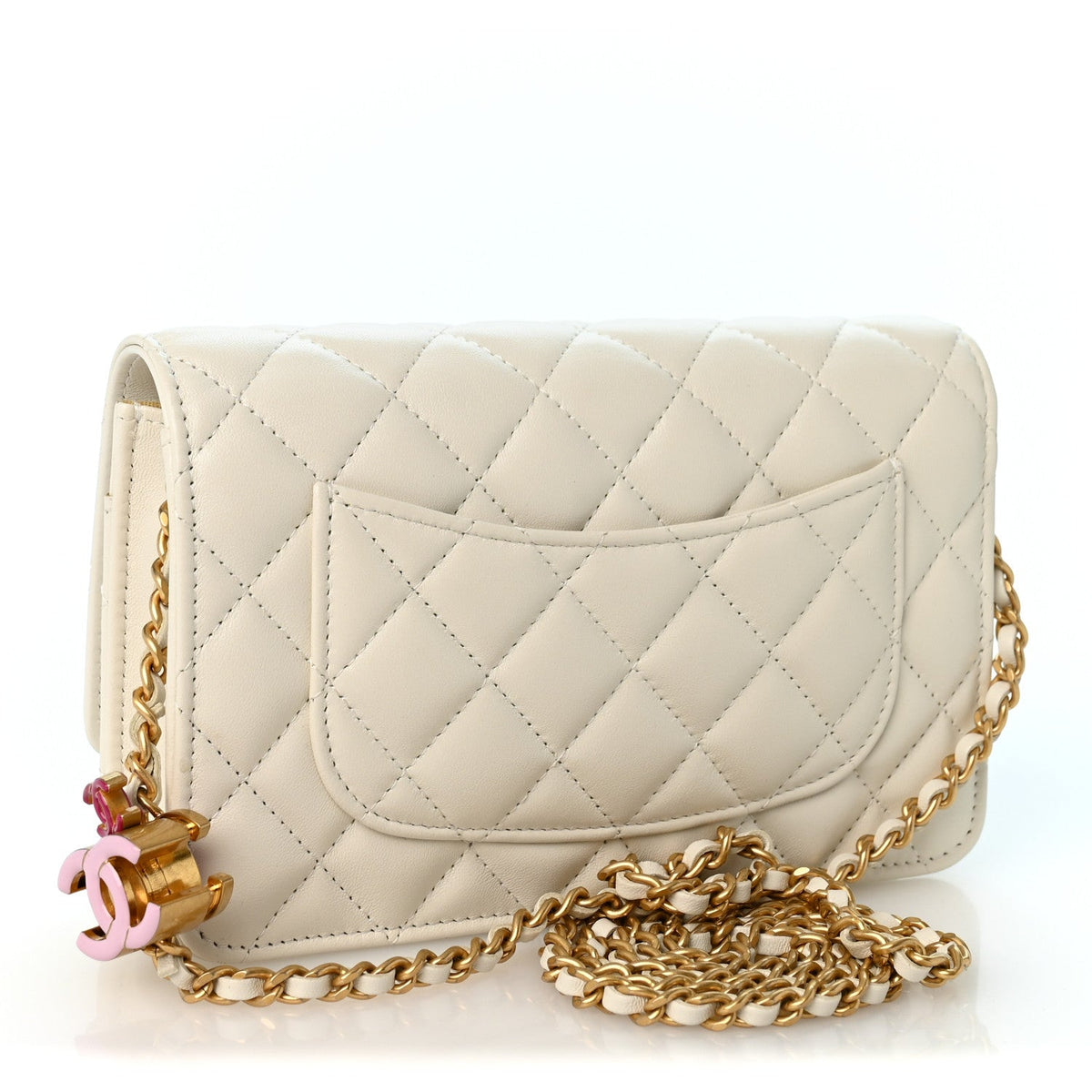 Lambskin Enamel Quilted CC Slide Wallet On Chain WOC White