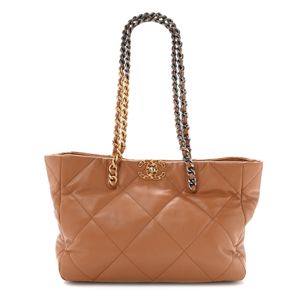 Lambskin Quilted Chanel 19 East West Shopping Bag Brown