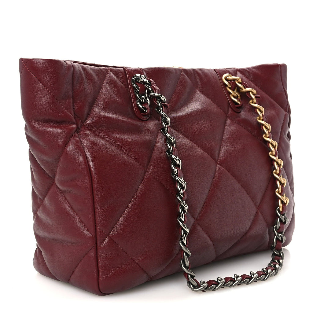 Lambskin Quilted Chanel 19 East West Shopping Bag Dark Brown
