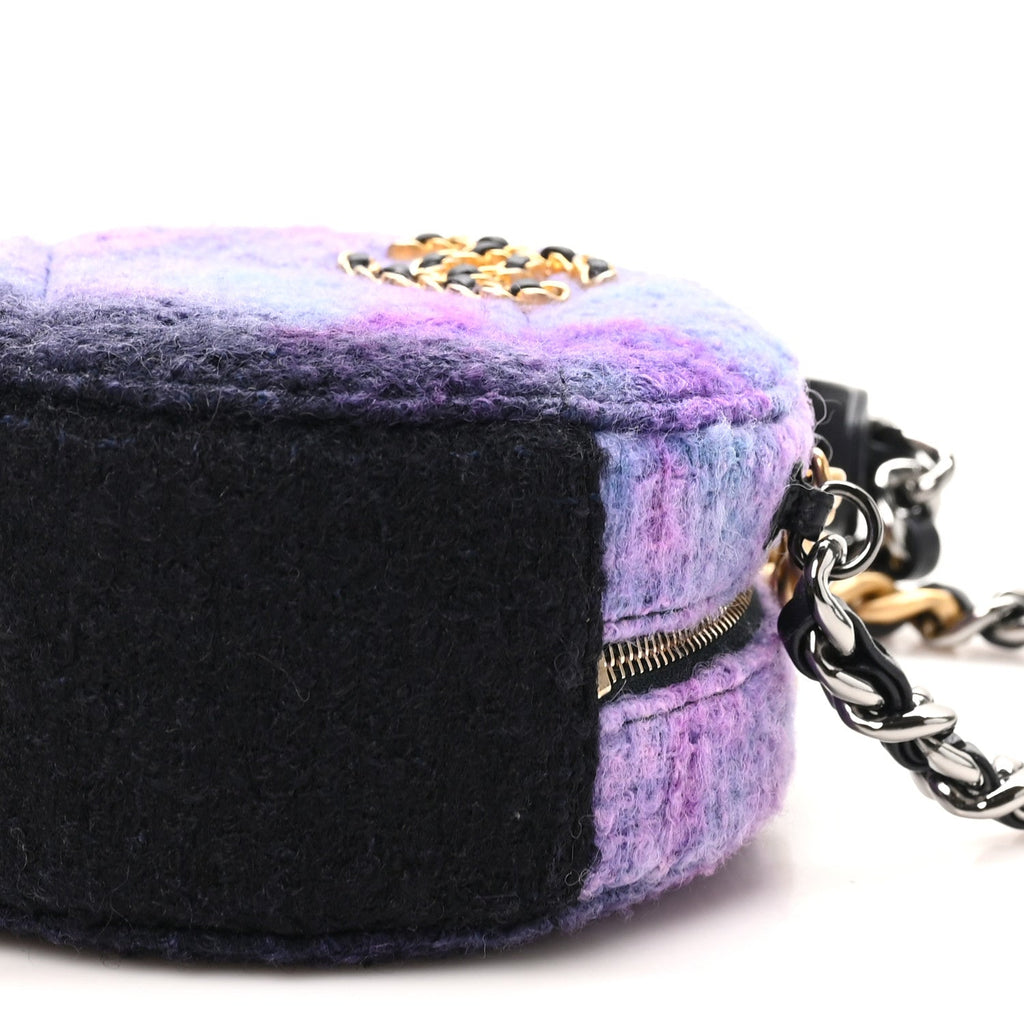 Wool Tweed Chanel 19 Round Clutch With Chain Purple Black Blue