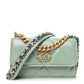 Lambskin Quilted Chanel 19 Flap Phone Holder With Chain Green