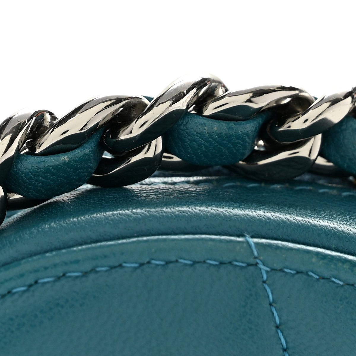 Goatskin Quilted Chanel 19 Round Clutch With Chain Blue
