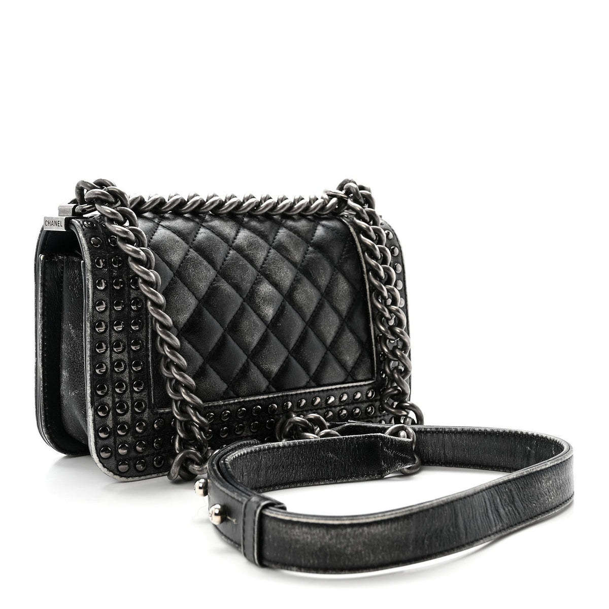 Faded Calfskin Quilted Small Studded Boy Flap Grey