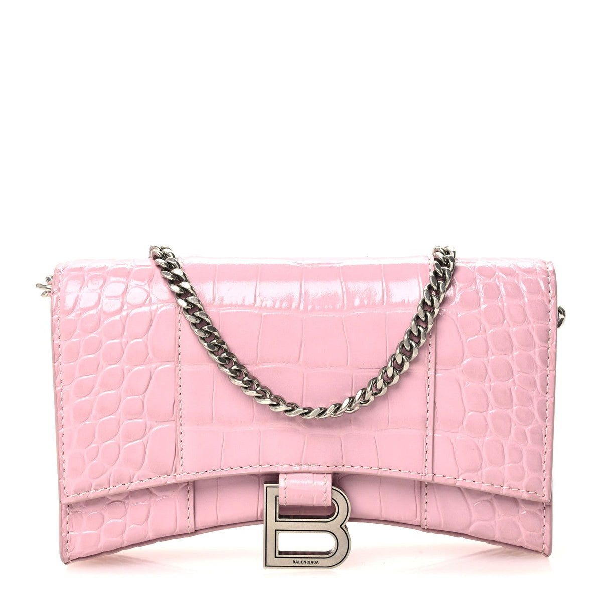 Shiny Calfskin Crocodile Embossed Hourglass Chain Bag Powder Pink
