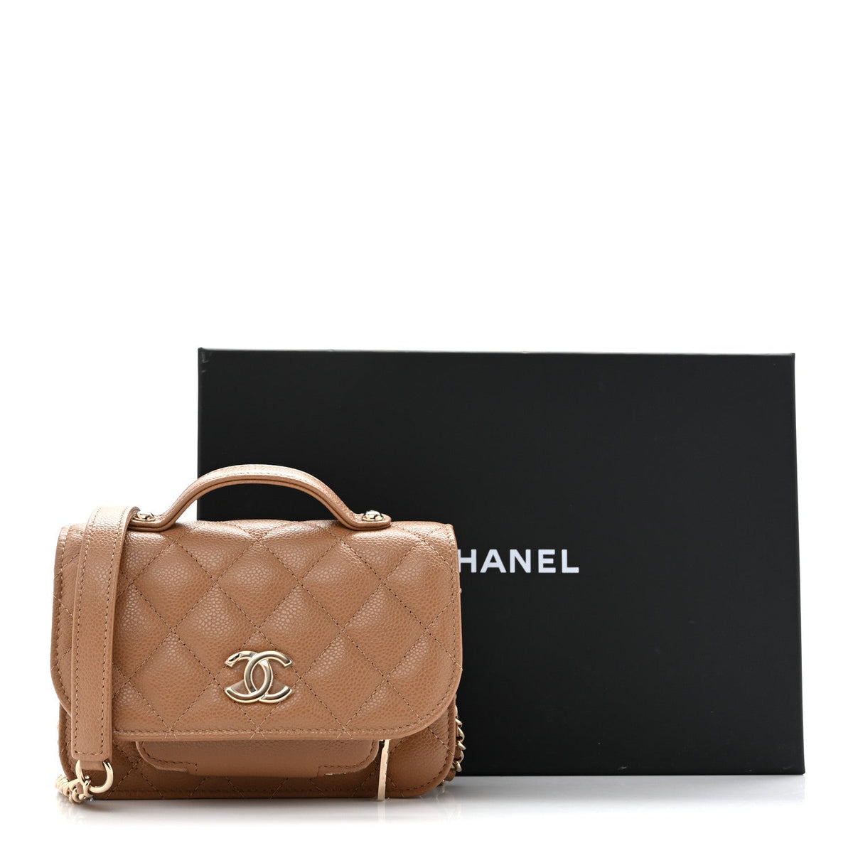 Caviar Quilted Business Affinity Clutch With Chain Flap Dark Beige