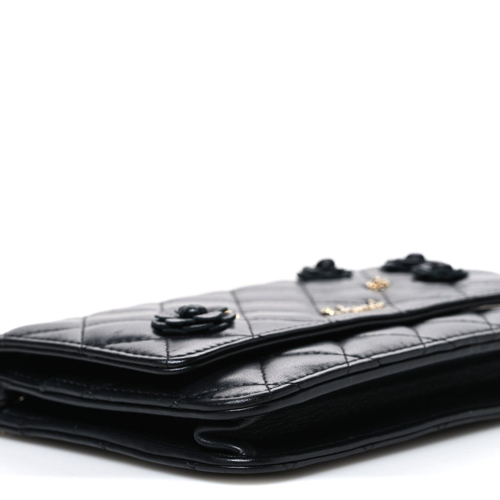 Lambskin Camellia Wallet on Chain WOC Black
