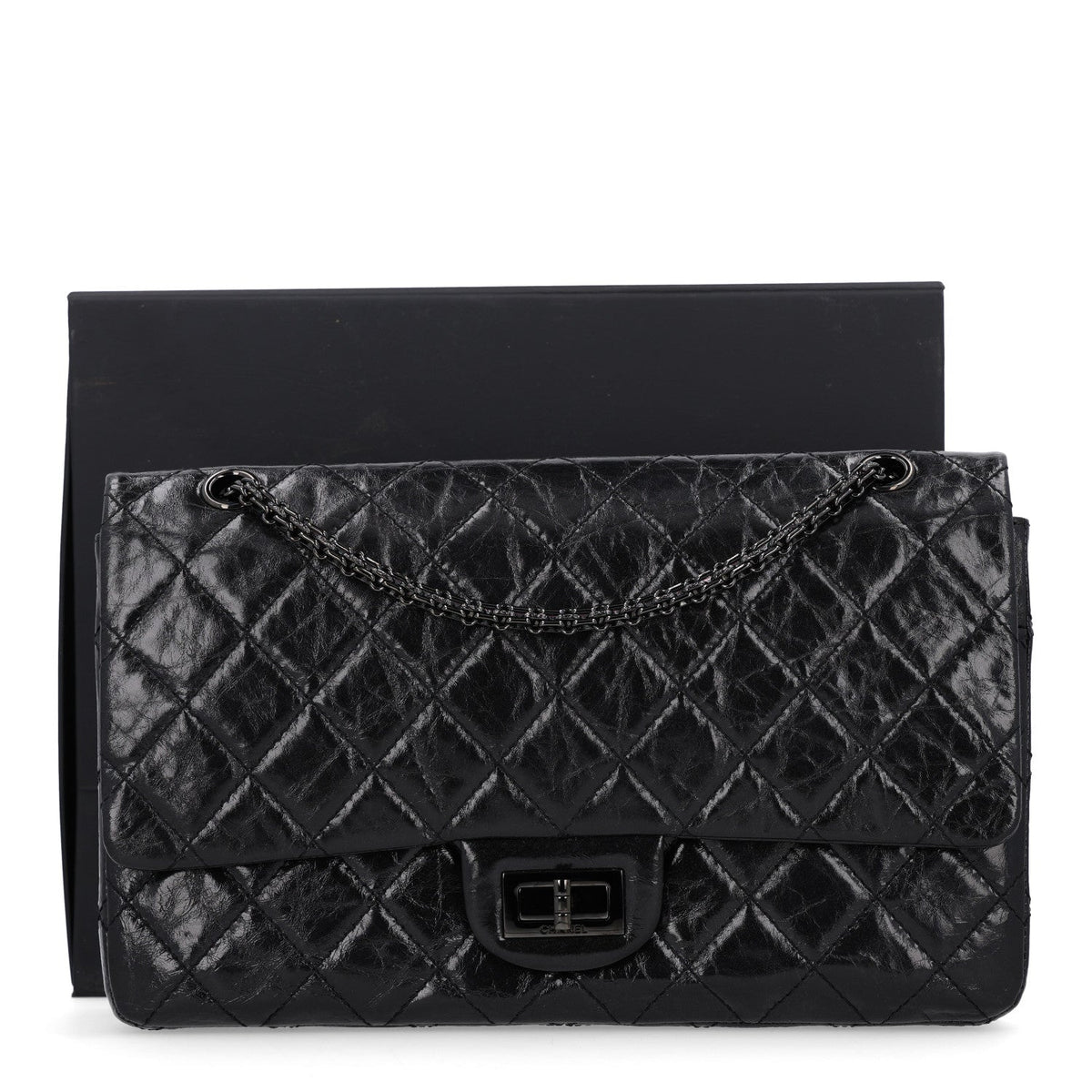 Glazed Aged Calfskin Quilted 2.55 Reissue 227 Flap  So Black
