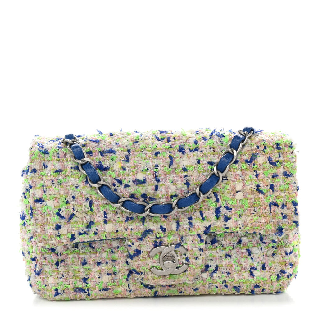 Tweed Quilted Mini Rectangular Flap Blue White Green