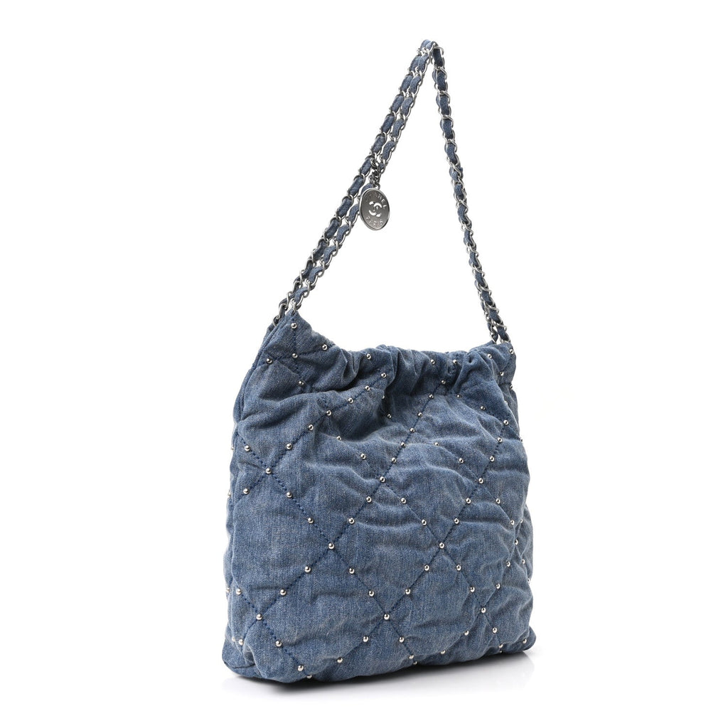 Washed Denim Quilted Studded Small Chanel 22 Blue