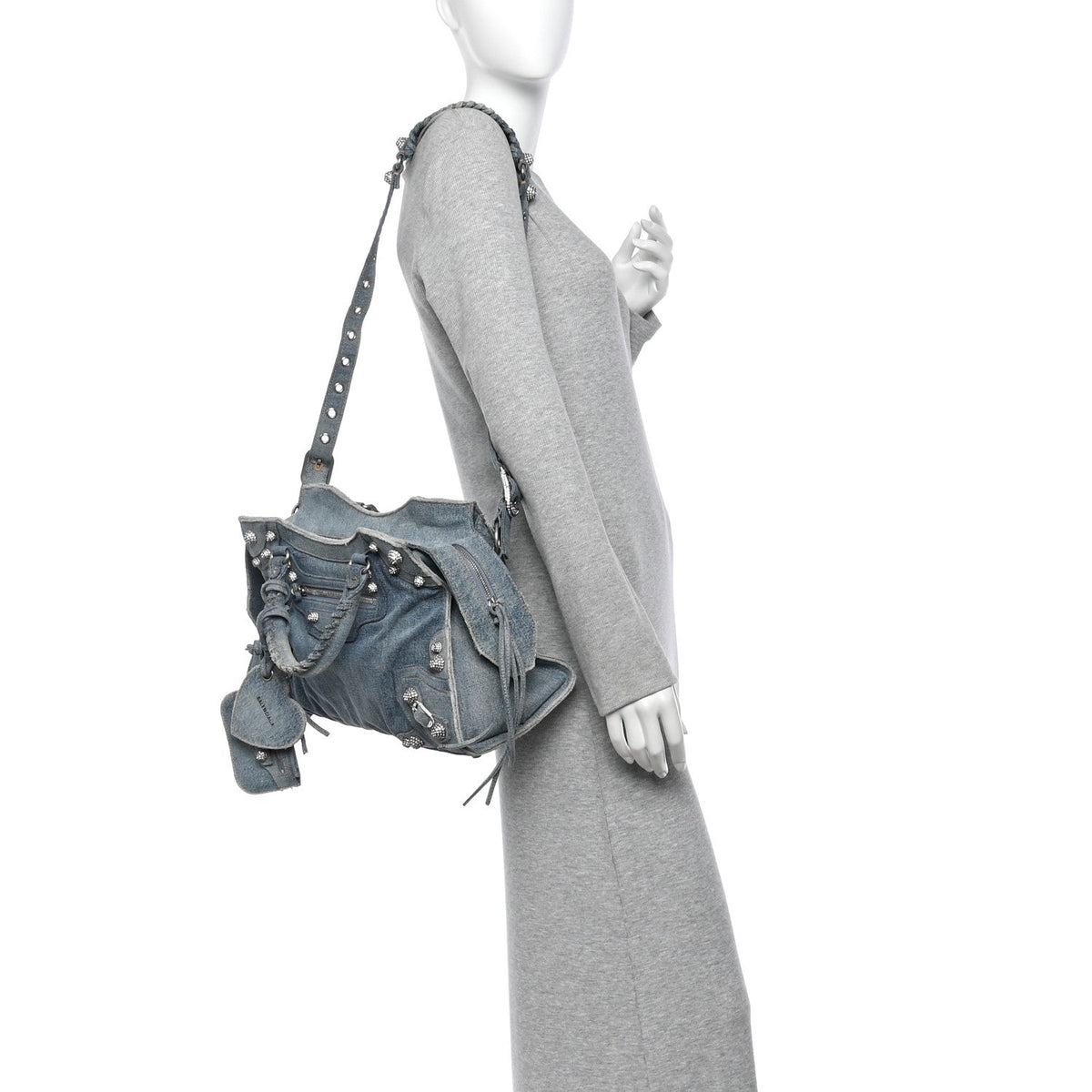 Washed Frayed Denim Crystal Neo Cagole City Handbag Blue