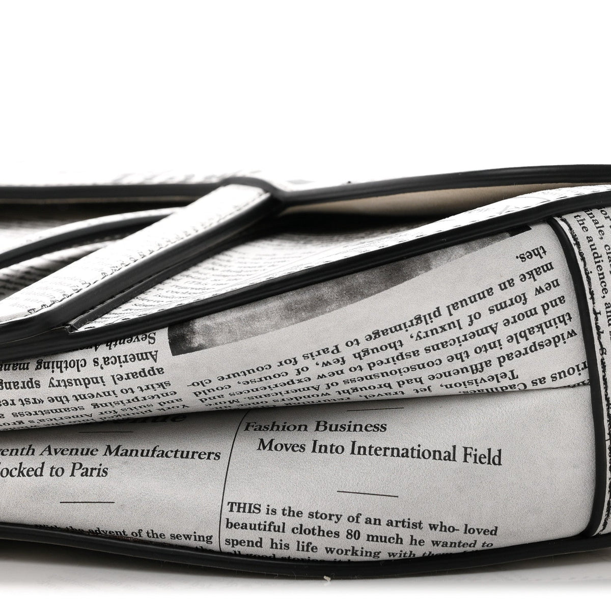 Calfskin Newspaper Printed Saddle Bag With Strap Black White