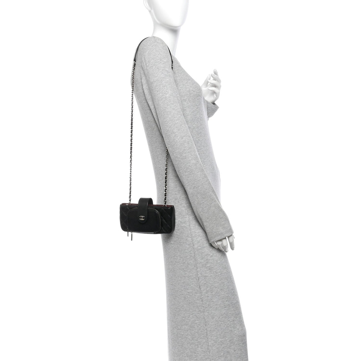 Caviar Quilted Business Affinity Phone Holder With Chain Black