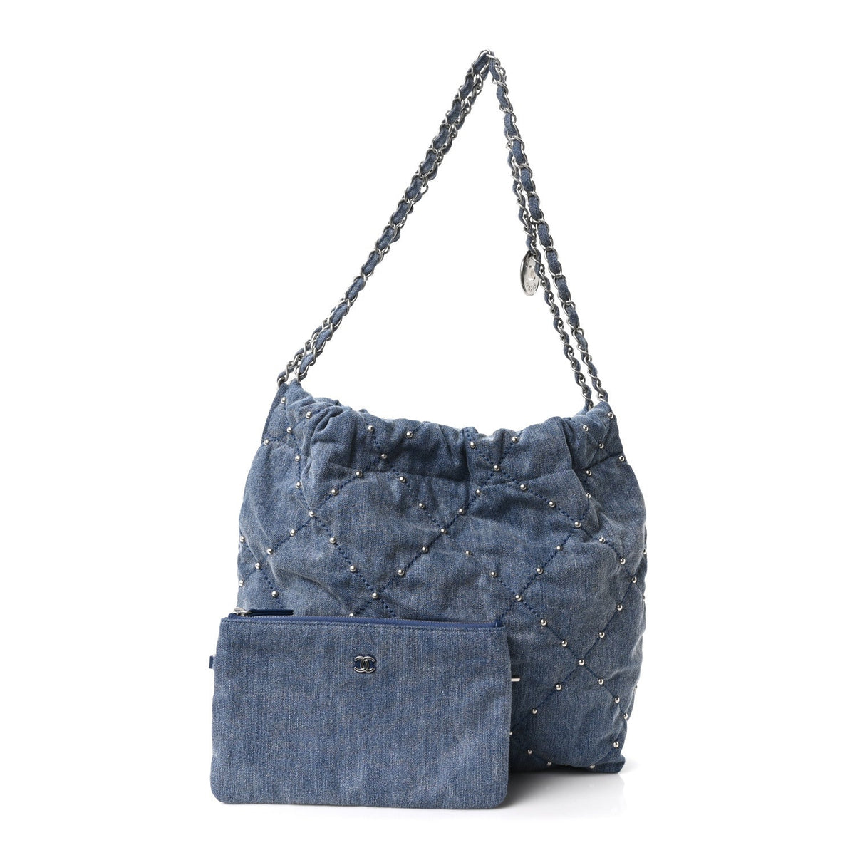 Washed Denim Quilted Studded Small Chanel 22 Blue
