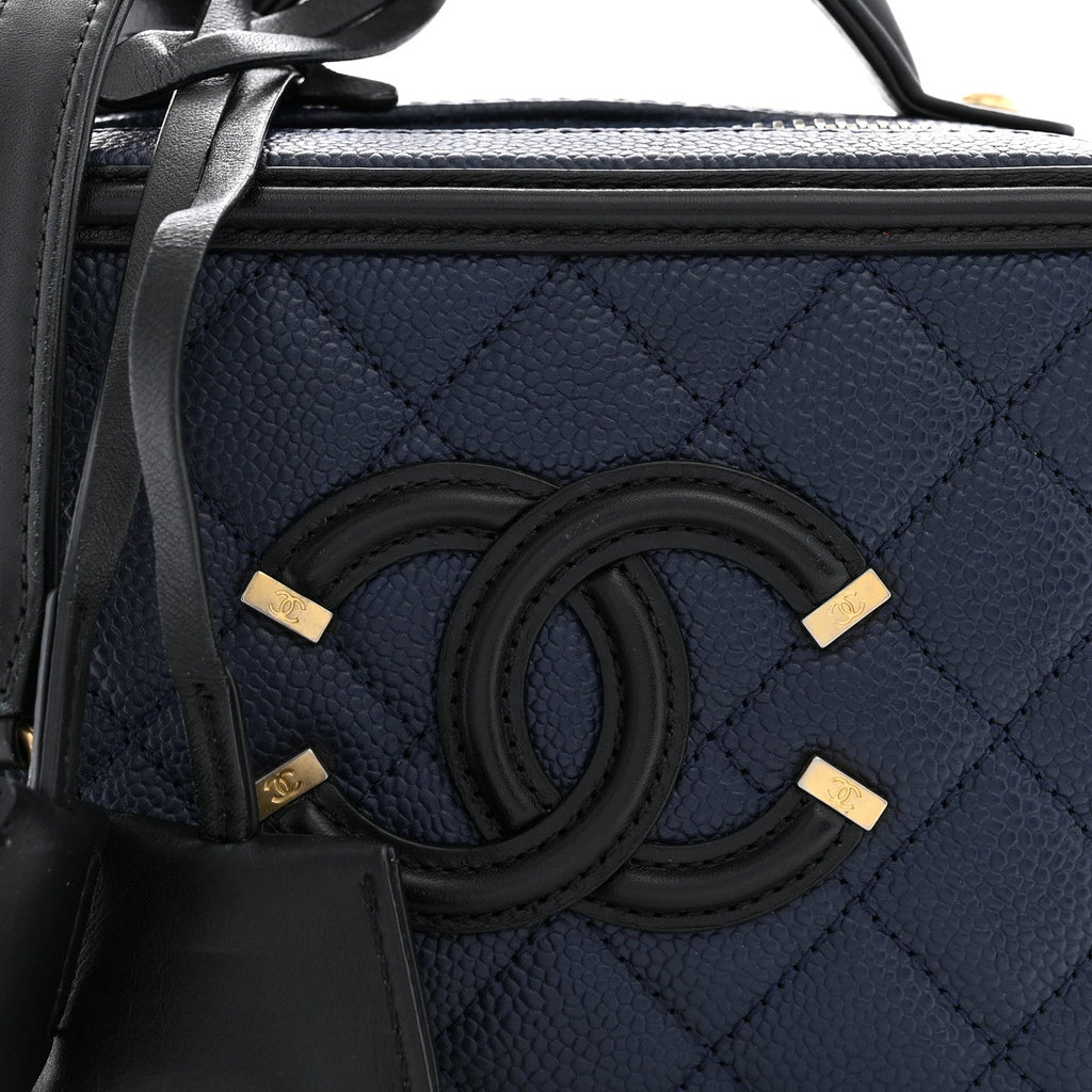 Caviar Quilted Small CC Filigree Vanity Case Navy Black