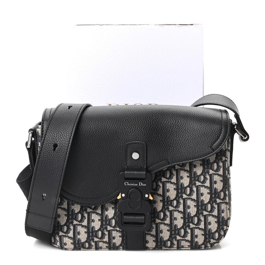 Oblique Jacquard Grained Calfskin Small Saddle Messenger Bag Beige Black
