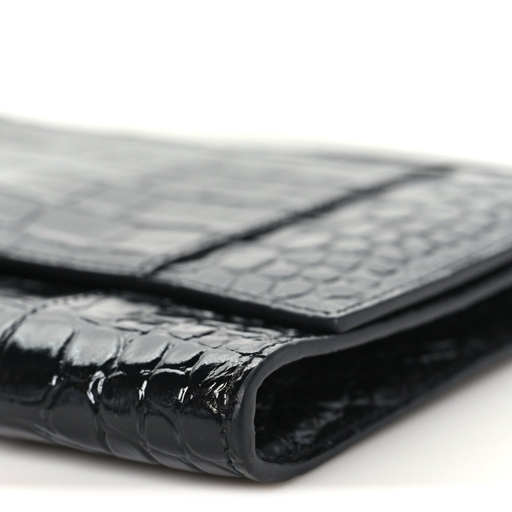 Shiny Calfskin Crocodile Embossed Hourglass Gusset Pouch Black