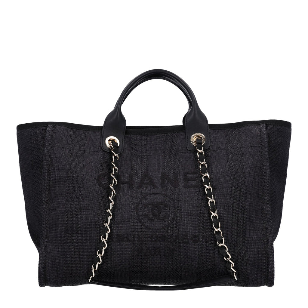 Mixed Fibers Calfskin Striped Medium Deauville Tote Black