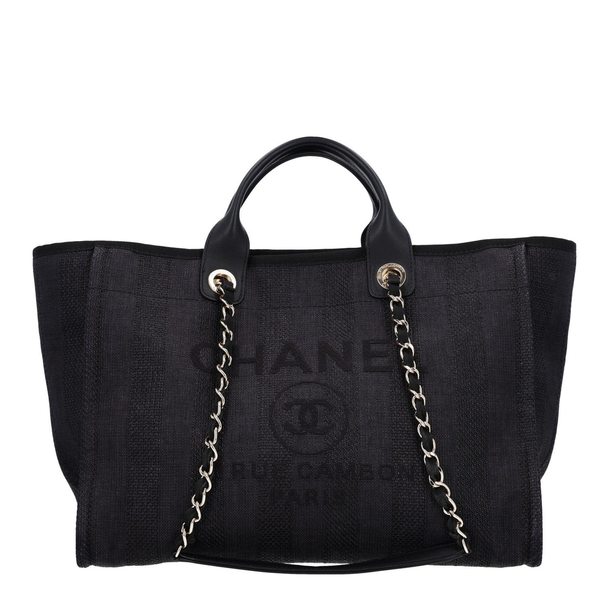 Mixed Fibers Calfskin Striped Medium Deauville Tote Black