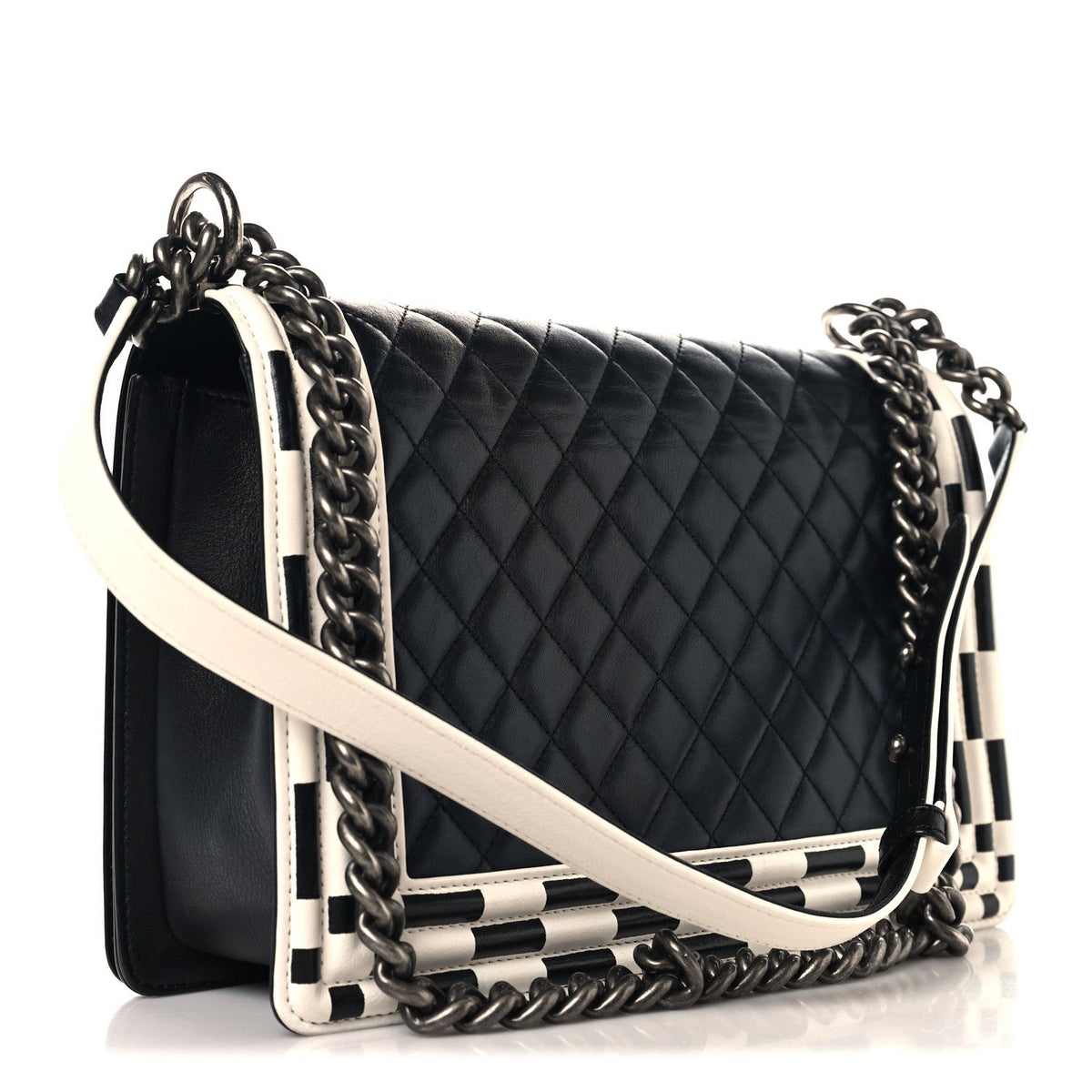 Calfskin Quilted Checkerboard Trim New Medium Boy Flap Black White