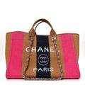 Straw Raffia Calfskin Striped Medium Deauville Tote Dark Beige Fuchsia Navy Blue