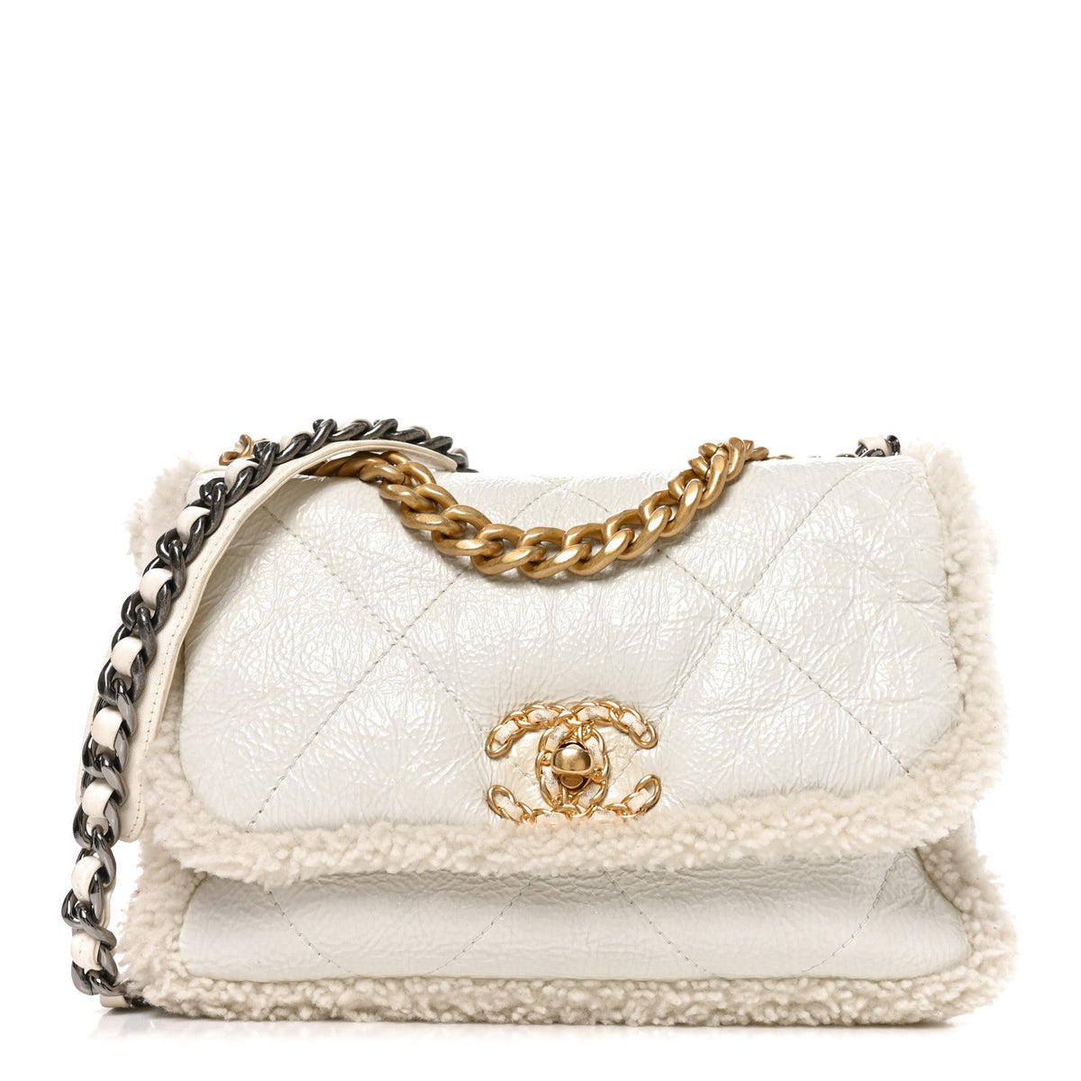 Crumpled Calfskin Shearling Sheepskin Medium Chanel 19 Flap White
