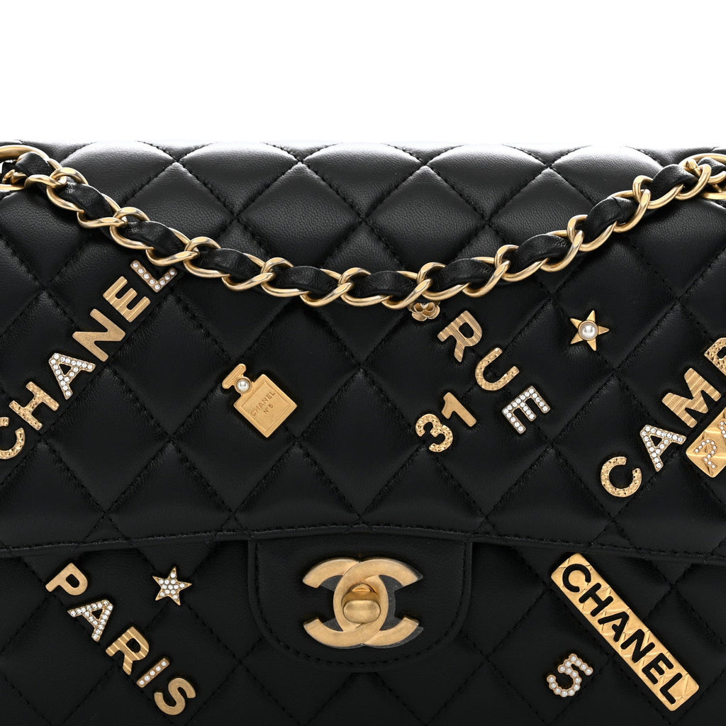 Lambskin Quilted Medium Rue Cambon Charms Double Flap Black