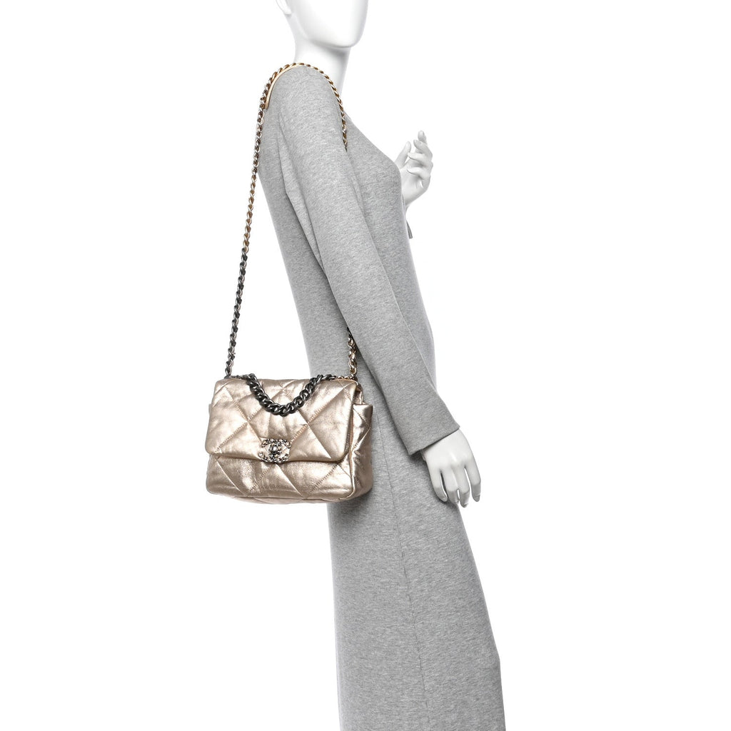 Metallic Lambskin Quilted Medium Chanel 19 Flap Gold