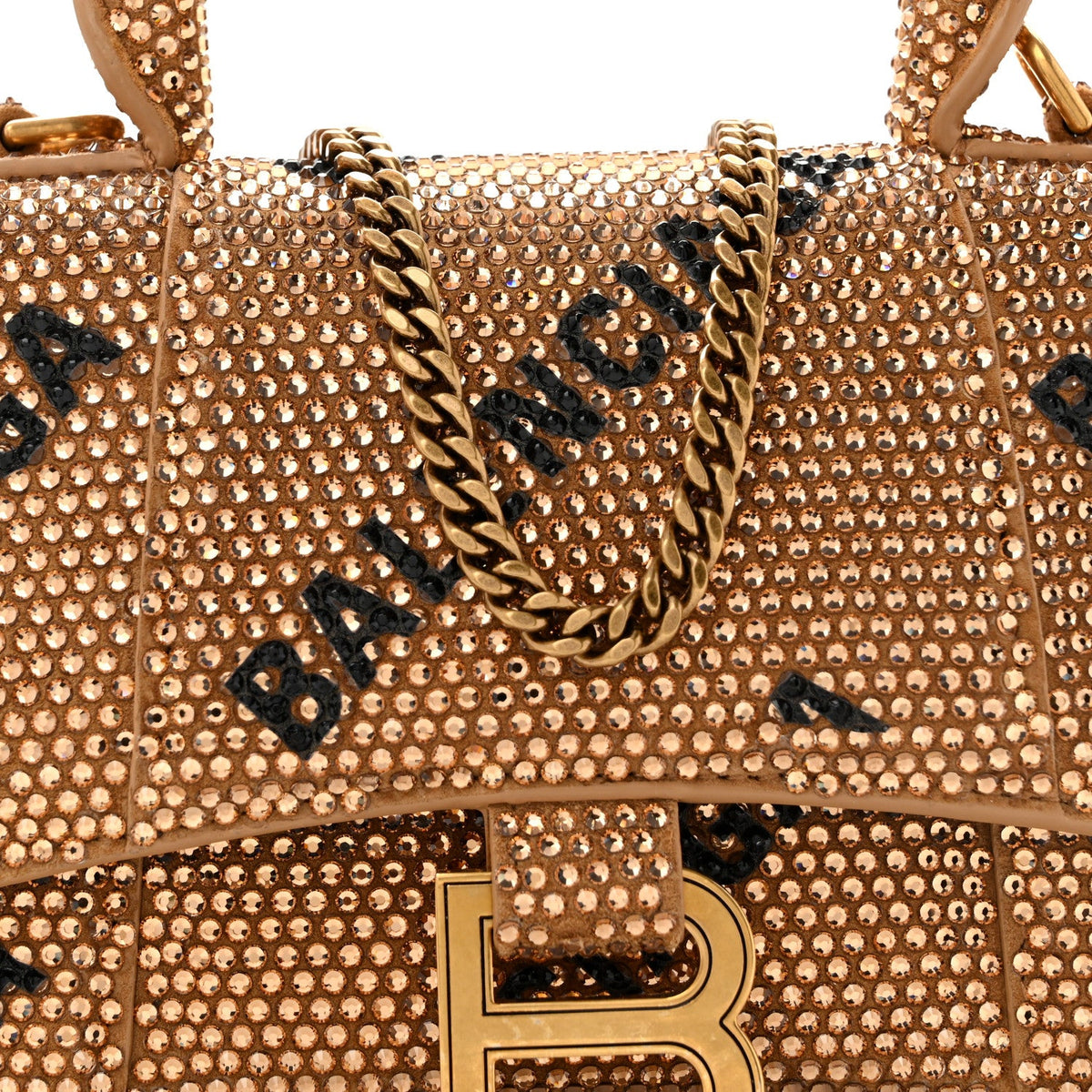 Strass Suede Allover Logo Hourglass Top Handle Bag XS with Chain Gold Black