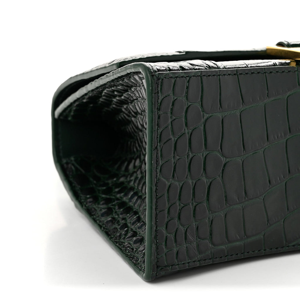 Shiny Calfskin Crocodile Embossed Small Hourglass Top Handle Bag Forest Green