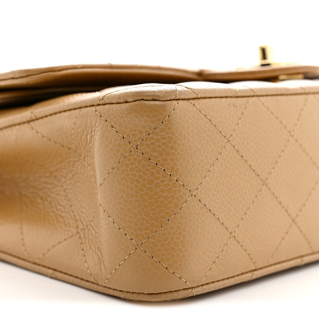 Caviar Quilted Medium Double Flap Beige