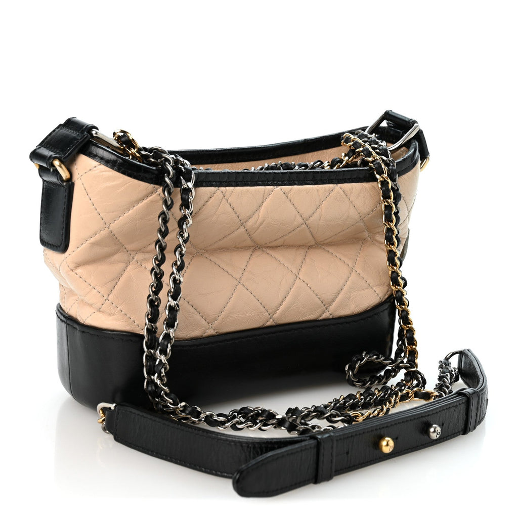 Aged Calfskin Quilted Small Gabrielle Hobo Beige Black