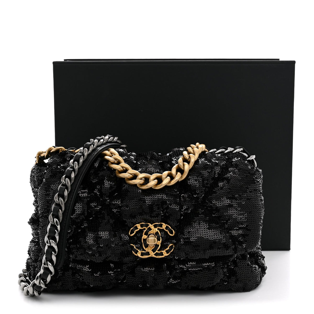 Sequin Quilted Medium Chanel 19 Flap Black