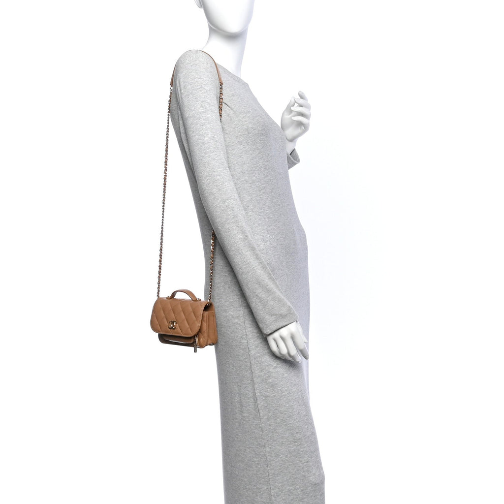 Caviar Quilted Business Affinity Clutch With Chain Flap Dark Beige