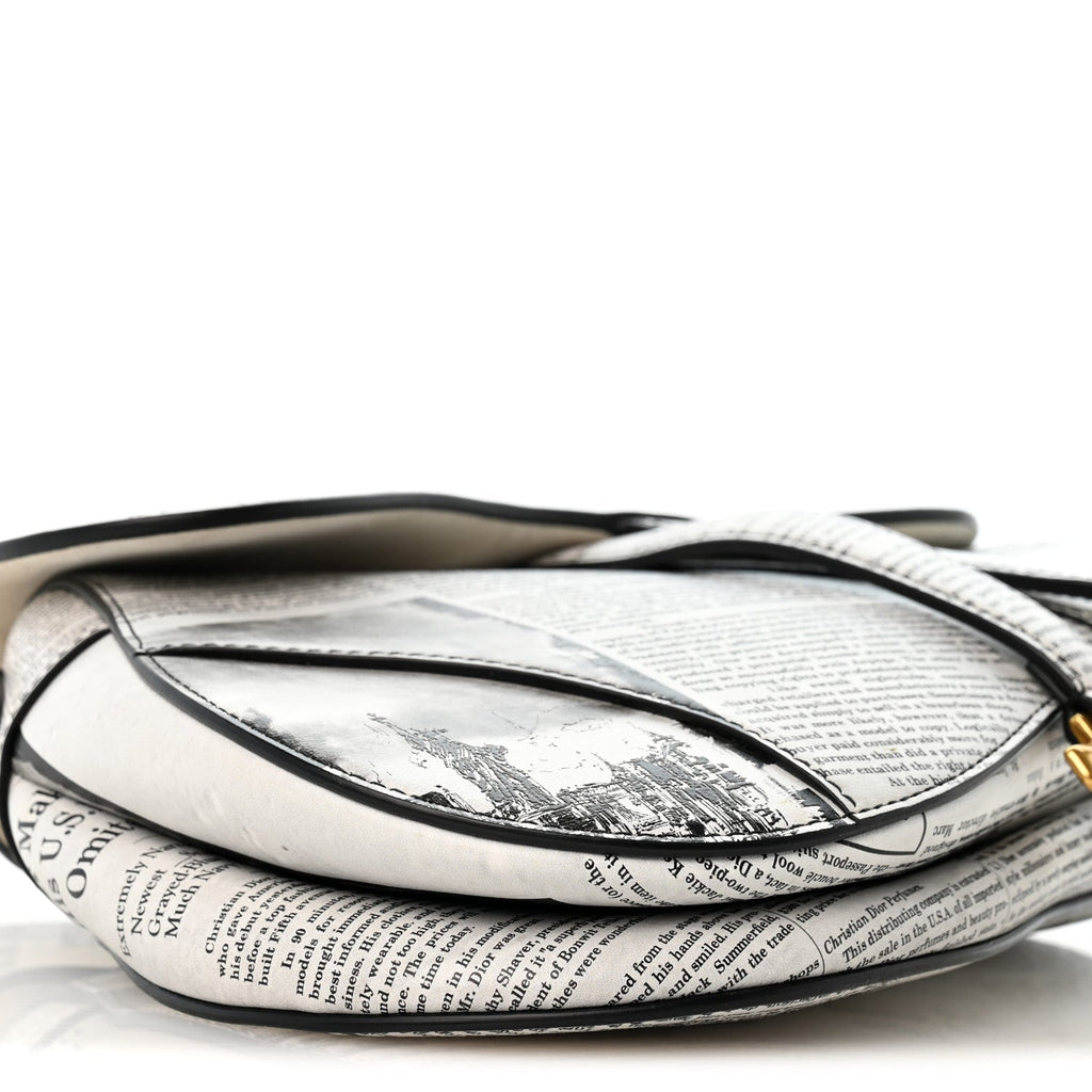 Calfskin Newspaper Printed Saddle Bag With Strap Black White