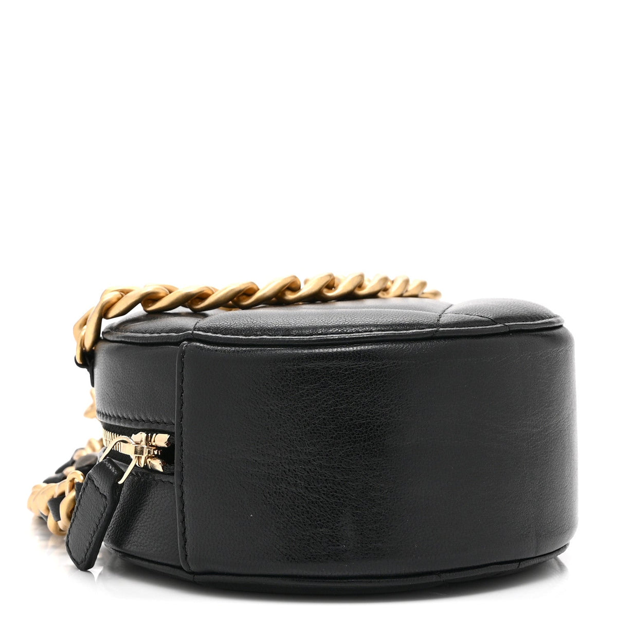 Shiny Goatskin Quilted Chanel 19 Round Clutch With Chain Black