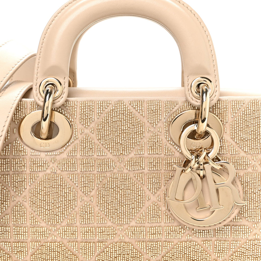 Lambskin Cannage Beaded Embroidered Micro Lady D-Joy Beige
