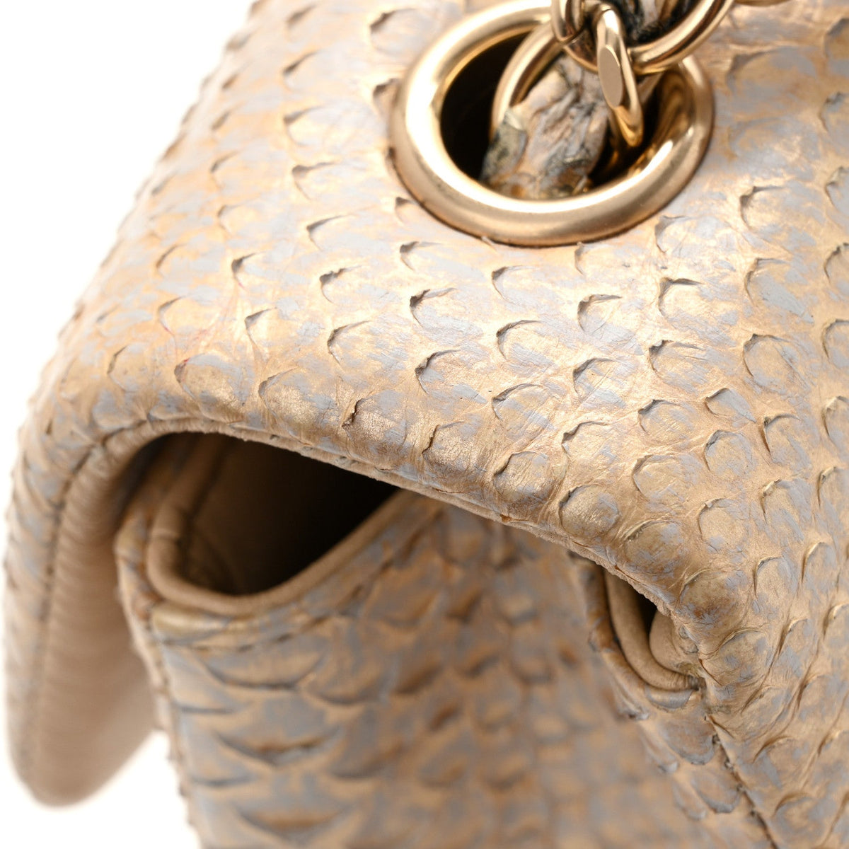 Metallic Snakeskin Mini Rectangular Flap White Gold
