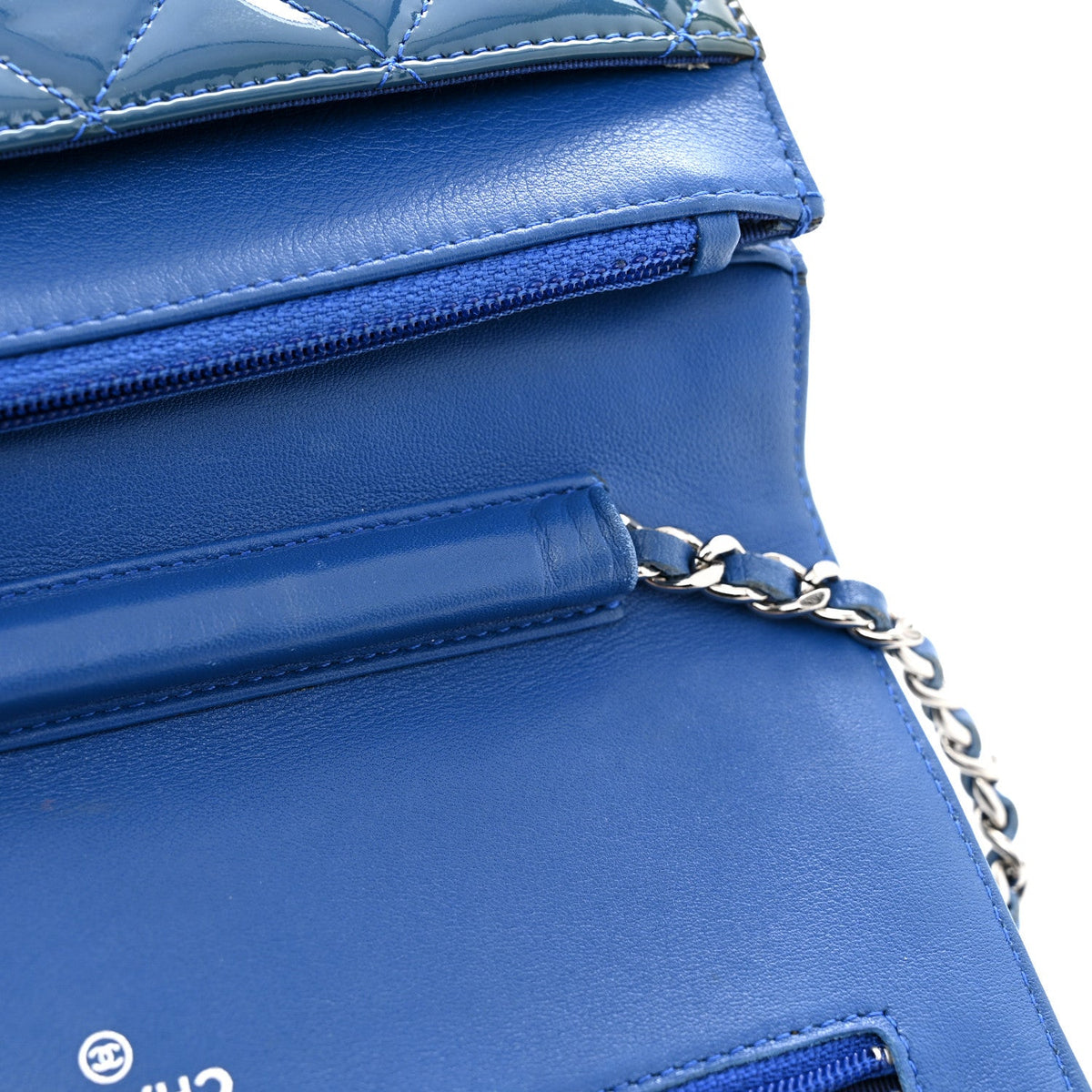 Patent Calfskin Quilted Wallet On Chain WOC Dark Blue
