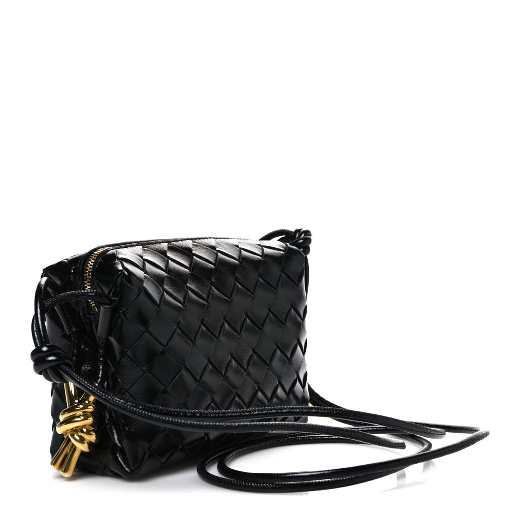 Polished Nappa Intrecciato Metallic Knot Mini Loop Camera Bag Black