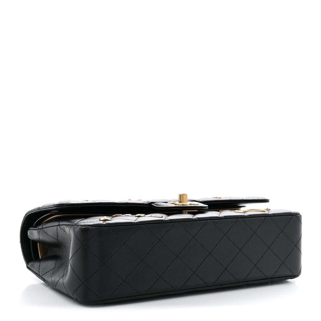 Lambskin Quilted Medium Rue Cambon Charms Double Flap Black