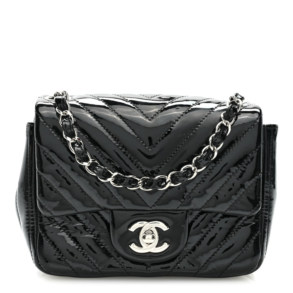 Patent Calfskin Chevron Quilted Mini Square Flap Black