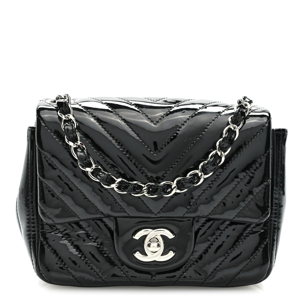 Patent Calfskin Chevron Quilted Mini Square Flap Black