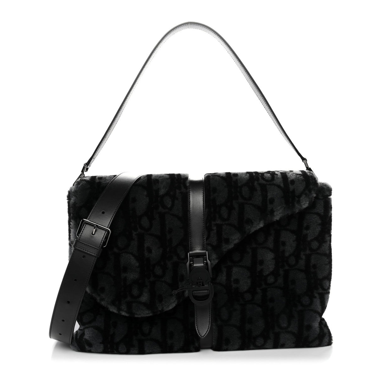 Oblique Mink Fur Saddle Soft Bag Dark Grey