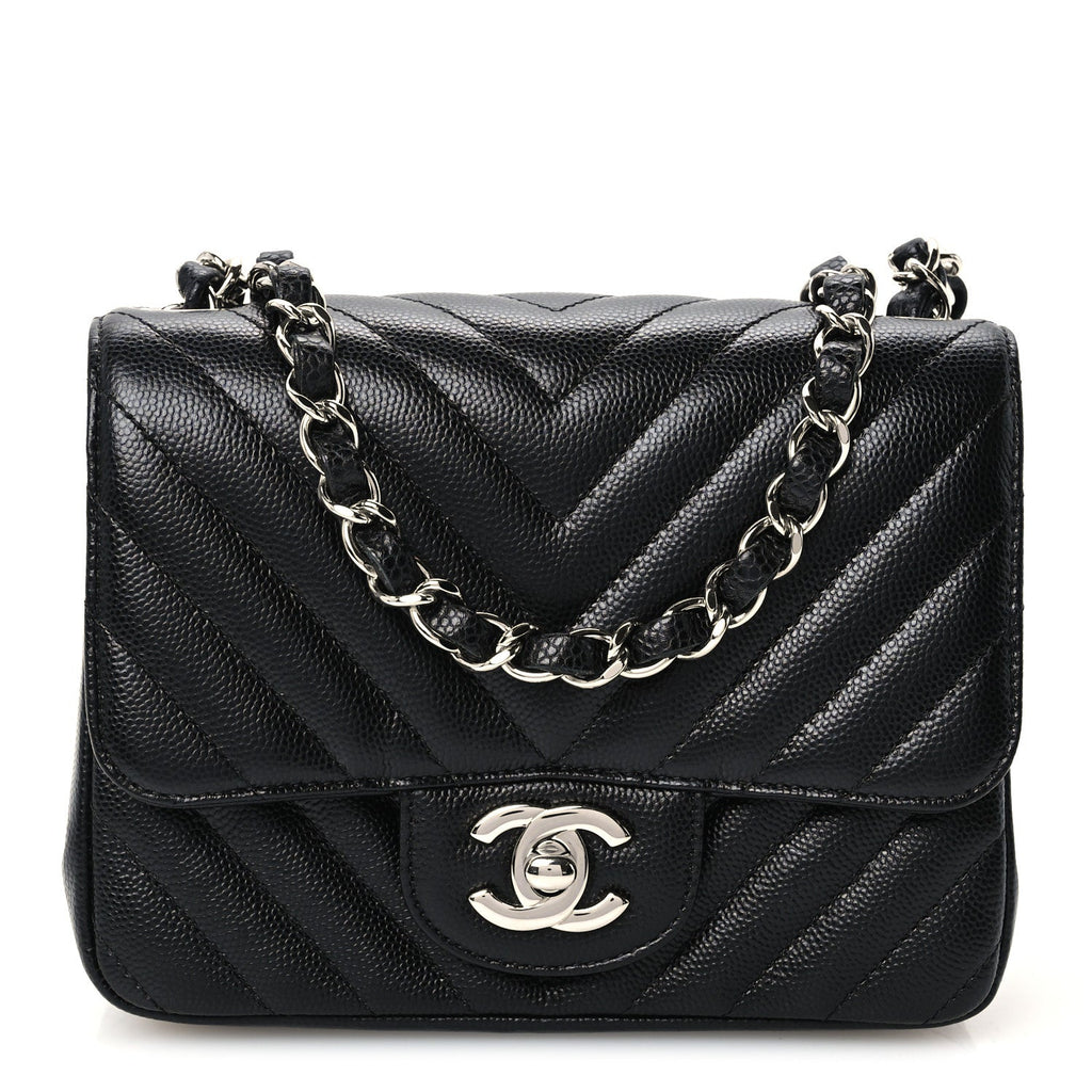 Caviar Chevron Quilted Mini Square Flap Black