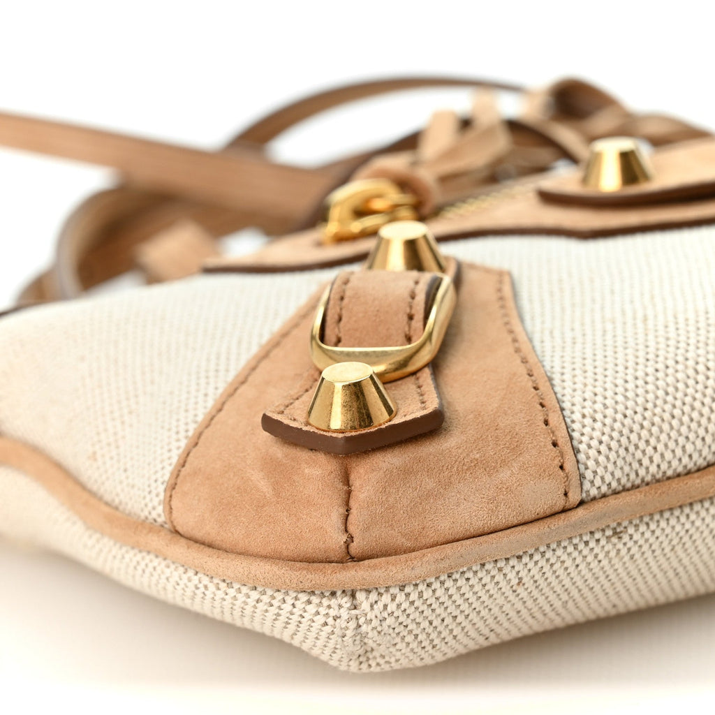 Linen Canvas Waxed Suede Calfskin Aged Gold Hardware Le City Pouch On Strap Beige Camel