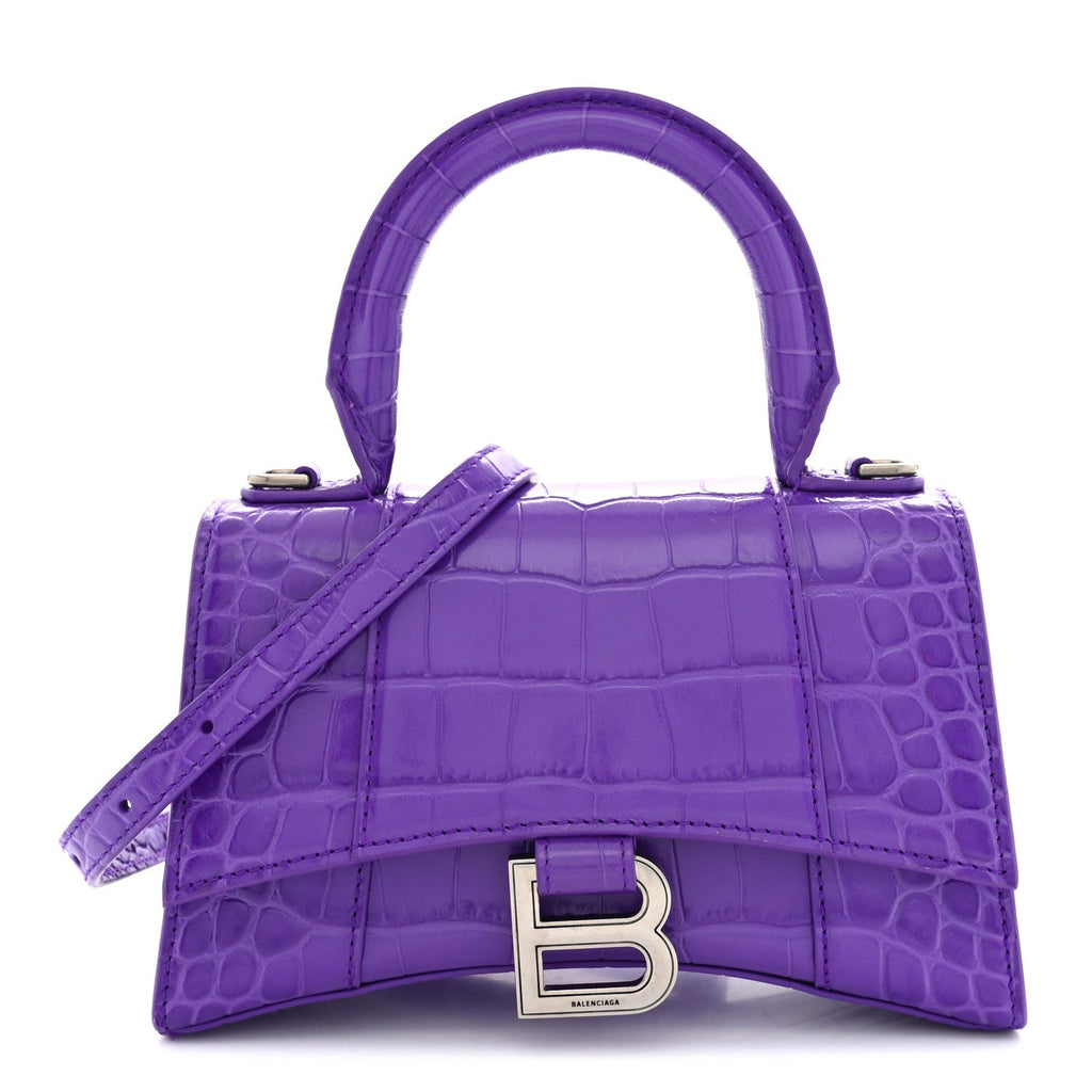 Shiny Calfskin Crocodile Embossed Hourglass Top Handle Bag XS Viola