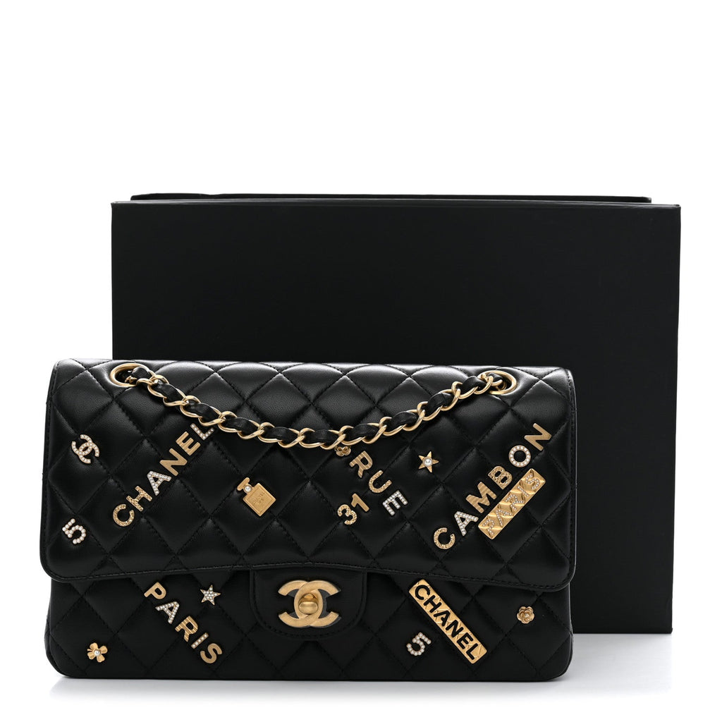 Lambskin Quilted Medium Rue Cambon Charms Double Flap Black