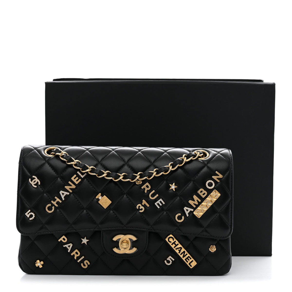 Lambskin Quilted Medium Rue Cambon Charms Double Flap Black