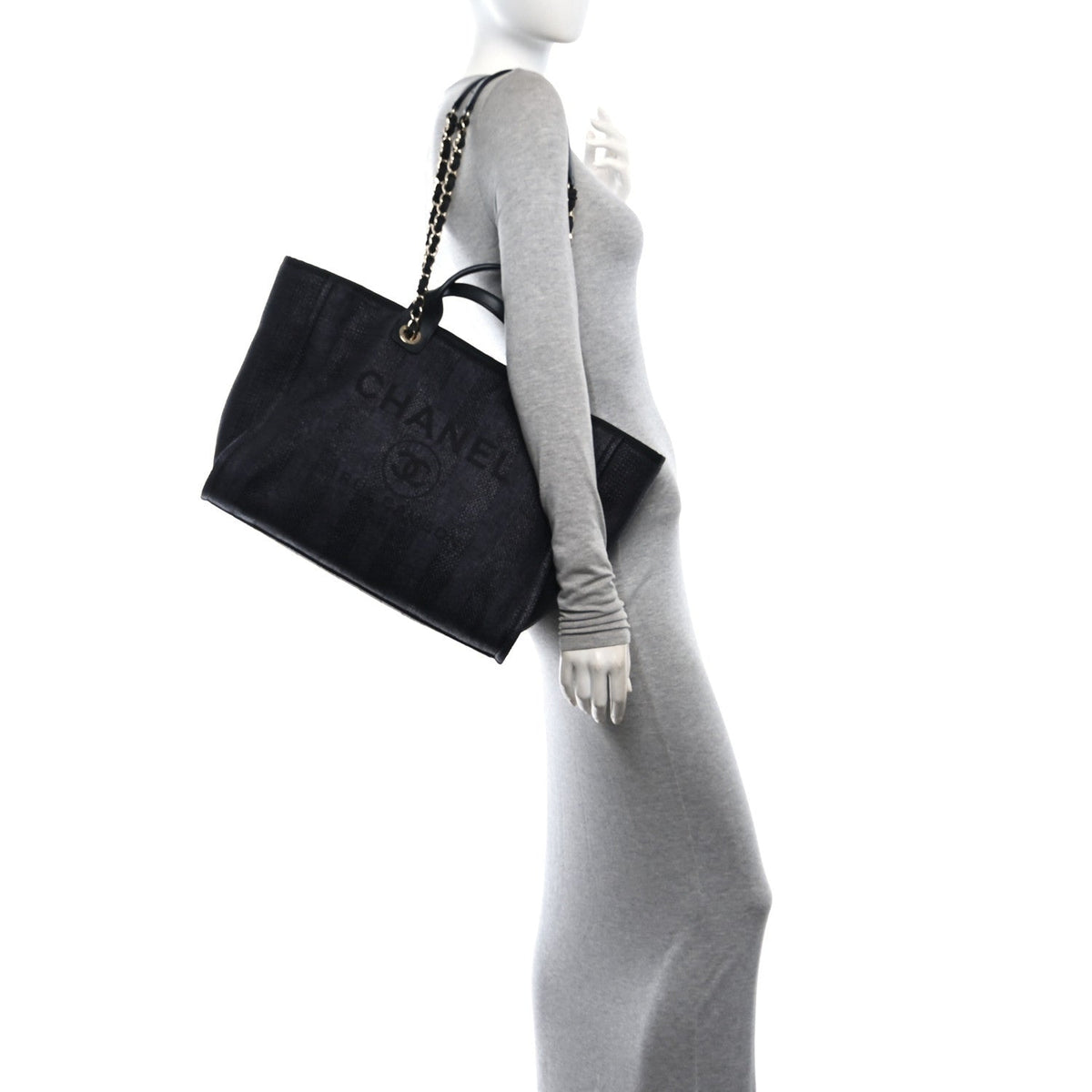 Mixed Fibers Calfskin Striped Medium Deauville Tote Black