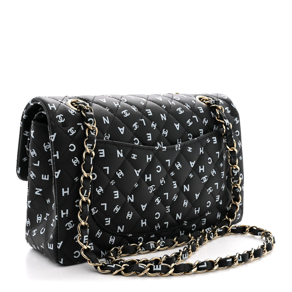 Lambskin Quilted Logo CC Printed Small Double Flap Black White